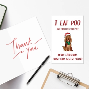 Detail van grappige kerstkaart met hond en tekst I EAT POO inclusief enveloppe set