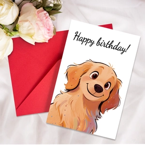 Cute golden retriever birthday card set with a vibrant red envelope on white silk cloth