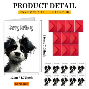 Detail view of 10-piece puppy birthday card set with dimensions 12x18cm and red envelopes