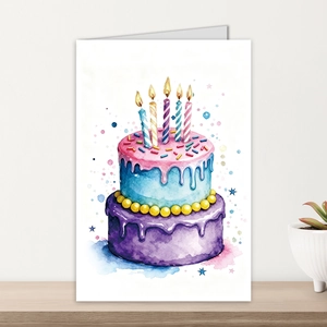 Dettaglio di un biglietto di auguri con un disegno di torta a due strati ad acquerello