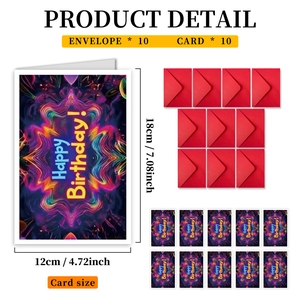 Detailed view of 10 neon birthday cards and red envelopes with 18x12cm size dimensions