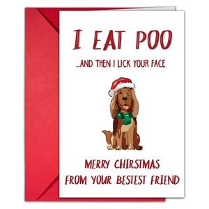 Grappige kerstkaarten set met hond illustratie en rode envelop voor de feestdagen