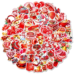 Red romantic doodle sticker set featuring cute animals and festive heart illustrations