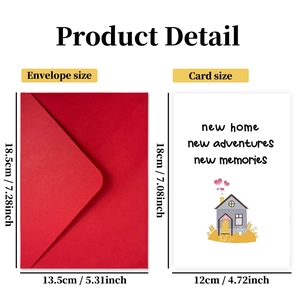 New Home greeting card set with red envelope and house illustration on white background