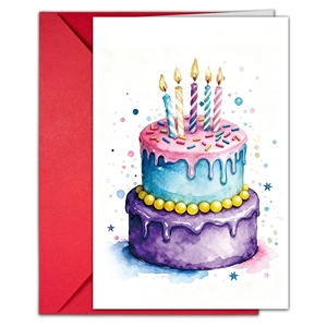 Set di biglietti di compleanno con torta ad acquerello e una busta rossa