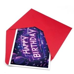 Neon 3D Happy Birthday greeting card with purple balloons and matching red envelope