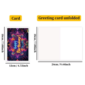 Neon happy birthday card dimensions showing closed and open sizes with aurora pattern