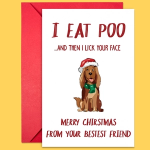 Detail van grappige kerstkaartenset met cartoon hond, rode envelop en een gele achtergrond