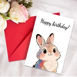 Carte d'anniversaire lapin aquarelle et enveloppe rouge sur fond de soie blanche