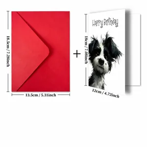 Detail showing dimensions of red envelope and happy birthday dog card set
