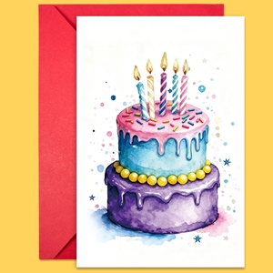 Dettaglio biglietto auguri bianco con torta acquerello e busta rossa coordinata