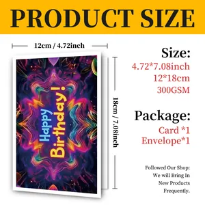 Detailed size chart for neon birthday card showing dimensions 4.72x7.08 inches and 300GSM paper