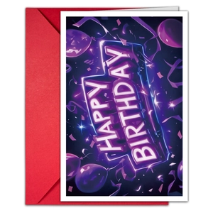 Neon 3D Happy Birthday card set with purple balloons and a bright red envelope