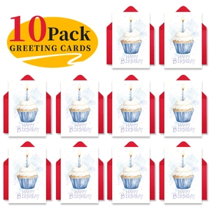 Detailed set of 10 watercolor birthday cards with red envelopes and cupcake design