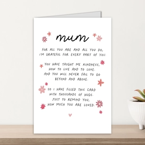 Prachtige hartverwarmende Moederdag wenskaart met een lief gedicht en roze bloemen