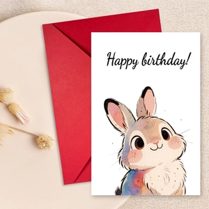 Carte Voeux Joyeux Anniversaire Lapin Aquarelle Avec Enveloppe Rouge Pour Fête Anniversaire Cadeau Carte Et Enveloppe