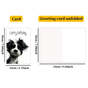 Detail showing the Happy Birthday dog card folded and unfolded with size specifications
