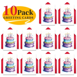 Set di 10 biglietti di auguri con torta ad acquerello e buste rosse coordinate