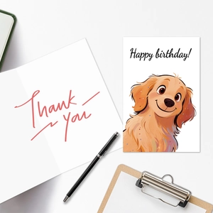 Detailed view of cartoon golden retriever birthday card with envelope on office desk