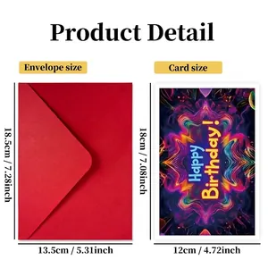 Neon Happy Birthday card and envelope set with detailed size specifications in cm and inch
