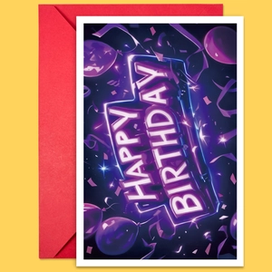 Neon style Happy Birthday card with purple balloons and red envelope on yellow background