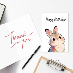 Set de cartes d'anniversaire lapin mignon avec mot de remerciement sur un bureau blanc épuré