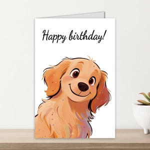 Detailed view of a cute golden retriever birthday card standing on a wooden surface