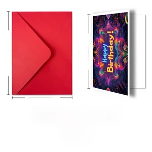 Neon happy birthday card and red envelope set with detailed size specifications