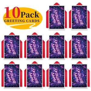 Detailed set of 10 large neon style Happy Birthday cards with red envelopes