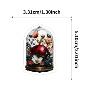 Detailed size chart of floral and ladybug sticker showing dimensions 3.31cm by 5.10cm