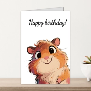 Biglietto di compleanno con criceto e testo Happy Birthday su un tavolo in legno decorato