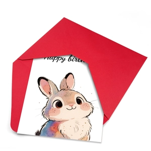 Vue détaillée d'une jolie carte d'anniversaire lapin aquarelle avec une enveloppe rouge