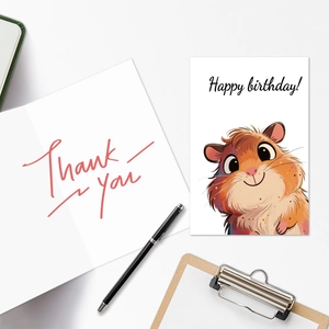 Set di biglietti d'auguri criceto con buste e biglietto di ringraziamento sulla scrivania