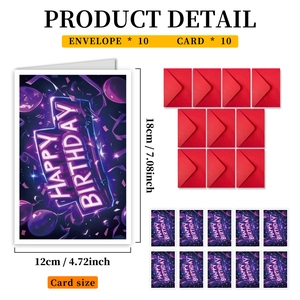 Detailed view of 10 purple neon Happy Birthday cards and 10 red envelopes with dimensions