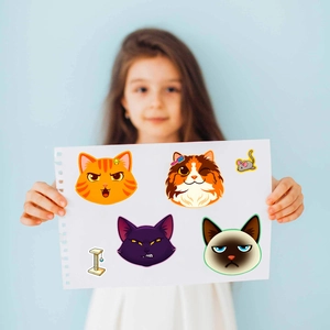 DIY mix-and-match cat face stickers with various feline characters and cute accessories