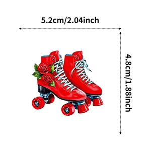 Detail view of red roller skate sticker with roses and precise dimension markings