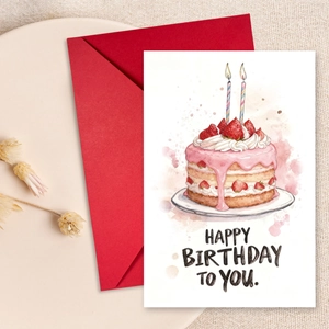 Carte De Vœux Anniversaire Gâteau Aux Fraises Aquarelle Avec Enveloppe Rouge Happy Birthday To You Cadeaux