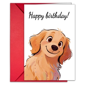 Cute golden retriever puppy birthday card set with red envelope on white background
