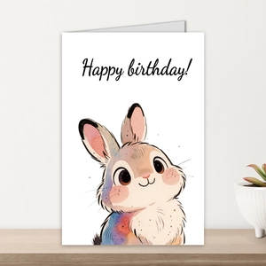Carte d'anniversaire lapin aquarelle avec texte sur une surface en bois minimaliste