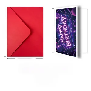 Detailed size view of neon Happy Birthday card with red envelope and dimensions