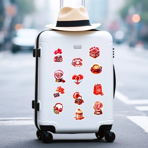 Valentine's Day graffiti stickers on white luggage with romantic heart and cake patterns