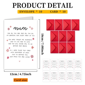 Detailoverzicht van set van 10 wenskaarten voor mama met rode enveloppen en maten