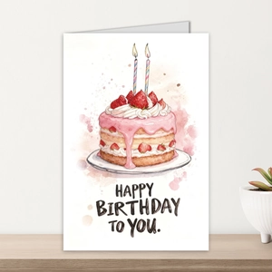 Vue détaillée d'une carte d'anniversaire gâteau aux fraises sur bois minimaliste