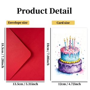 Set di biglietti d'auguri con torta ad acquerello e busta rossa con specifiche taglie