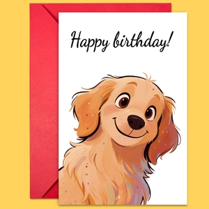 Macro shot of cute cartoon Golden Retriever birthday card with red envelope and yellow background