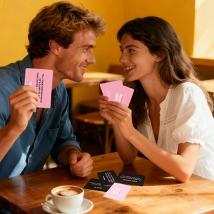 Giovane coppia che gioca al gioco Drunk Lovers al tavolo in un'atmosfera intima