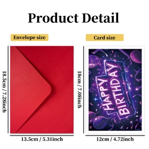 Neon Happy Birthday card set with large red envelope and festive balloon design