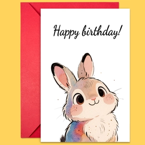 Détail d'une carte d'anniversaire lapin mignon avec enveloppe rouge sur fond jaune