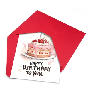 Carte d'anniversaire artistique avec gâteau aux fraises et son enveloppe rouge