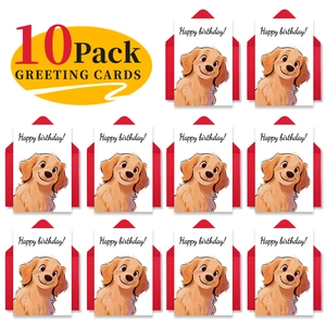 Set of 10 golden retriever birthday cards with red envelopes and Happy Birthday text
